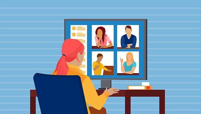 图形的妇女参加虚拟癌症支持小组会议在台式电脑上