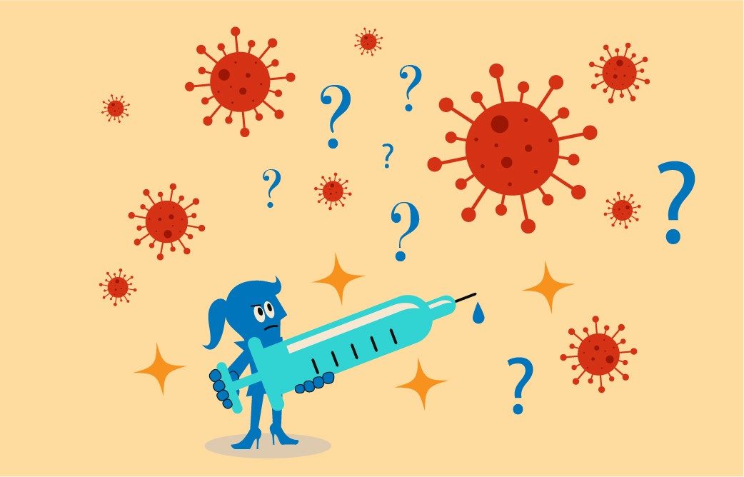 一幅蓝色妇女拿着疫苗，看着问号和COVID-19的插图
