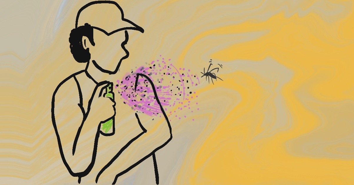 插图显示有人喷洒杀虫剂来阻止蚊子