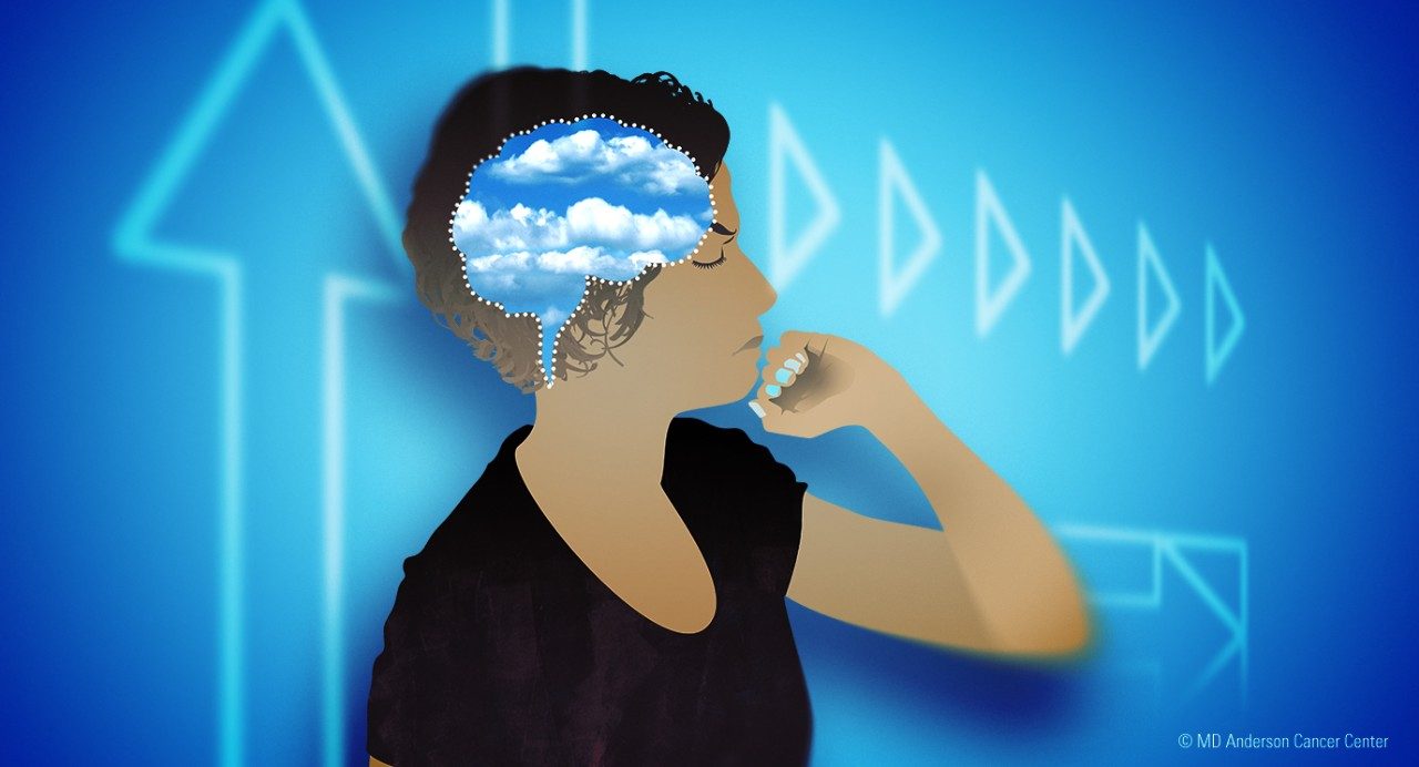 蓝色背景的插图显示了一个女人的思想泡沫充满了云在她的大脑所在的地方。