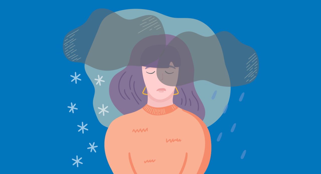 一个女人在头顶上有雨云的女人在蓝色的背景上，带有雨滴和雪花