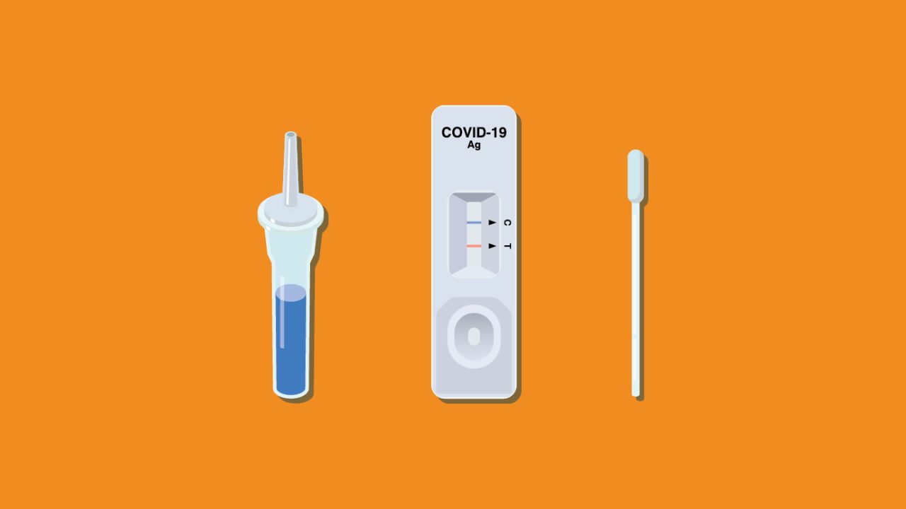 塑料COVID-19抗原测试显示了阳性结果。这是照片连同滴液管和鼻拭子。