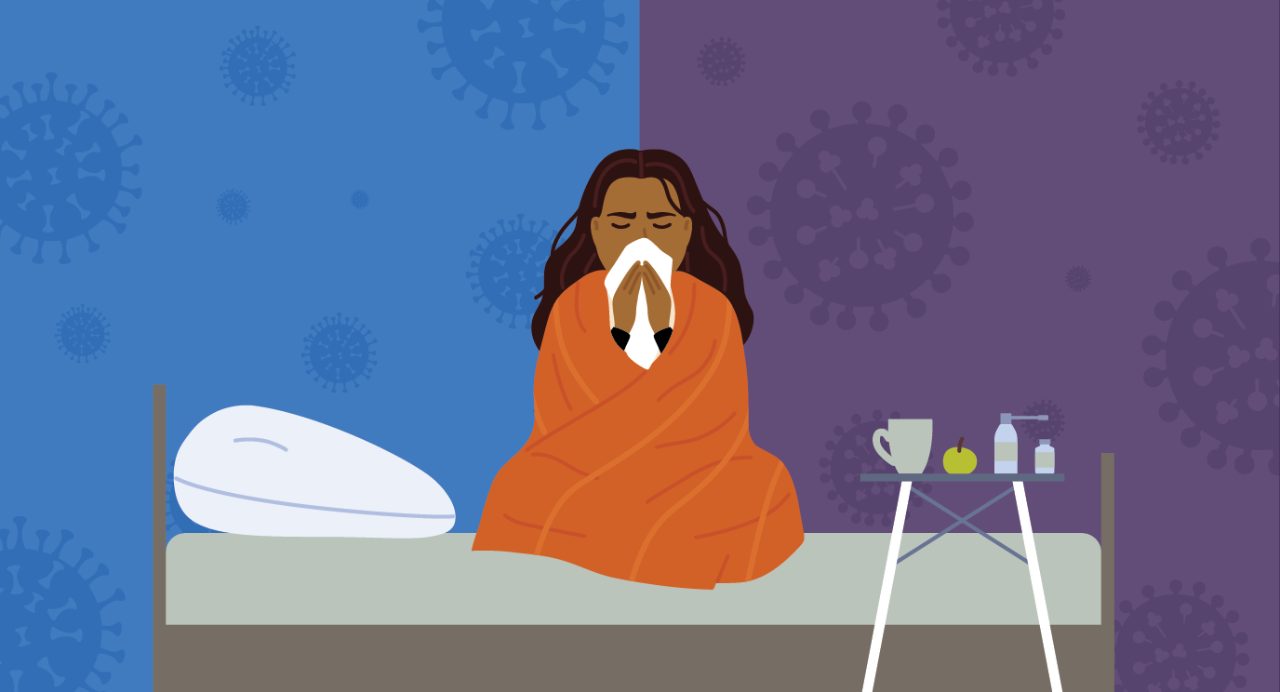 Sick woman on bed blowing nose while wearing an orange blanket and sitting in front of blue and purple backgrounds showing two different viruses