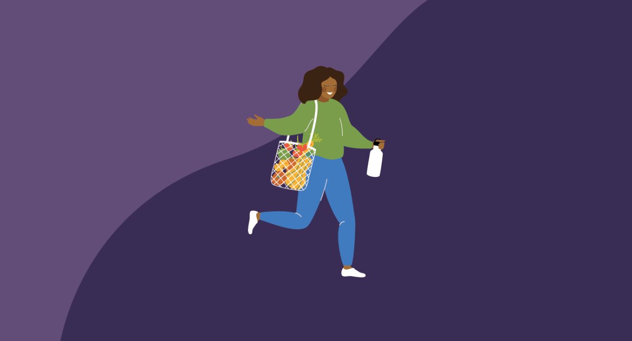 Illustration shows woman looking relaxed and happy, walking with a basket of food and a water bottle.