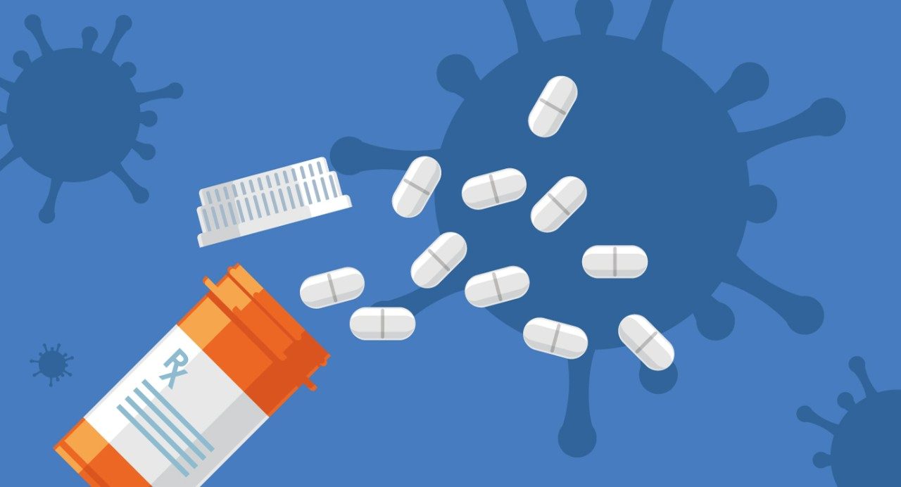 插图的一瓶药丸在蓝色背景下图像的病毒。