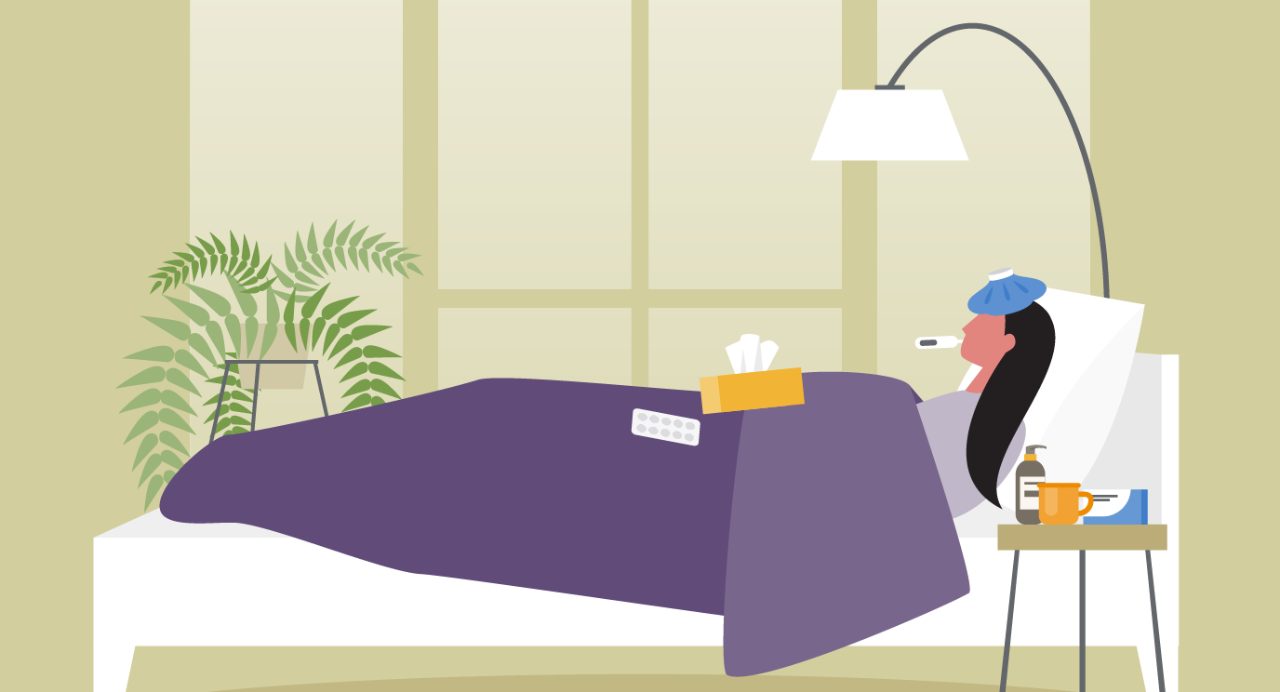 插图与长长的黑发的人塞在紫色的床与冰包在头上,温度计在嘴和纸巾盒准备好了