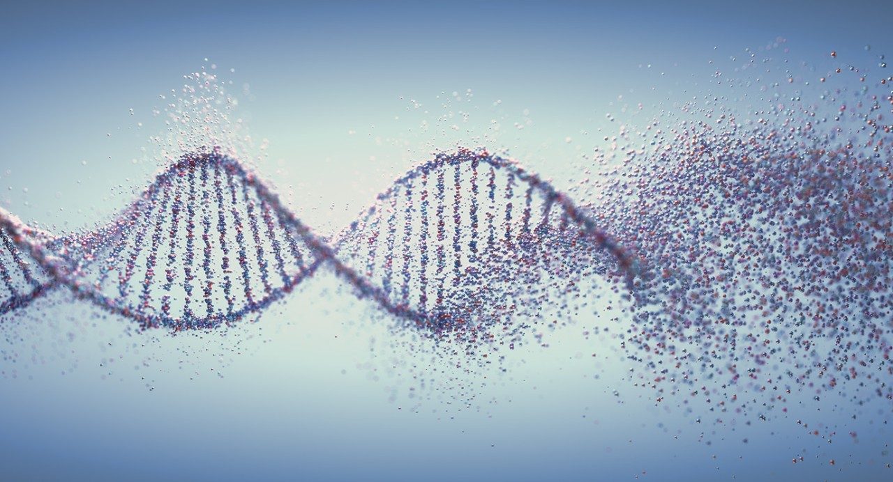 紫色DNA螺旋在蓝色背景上