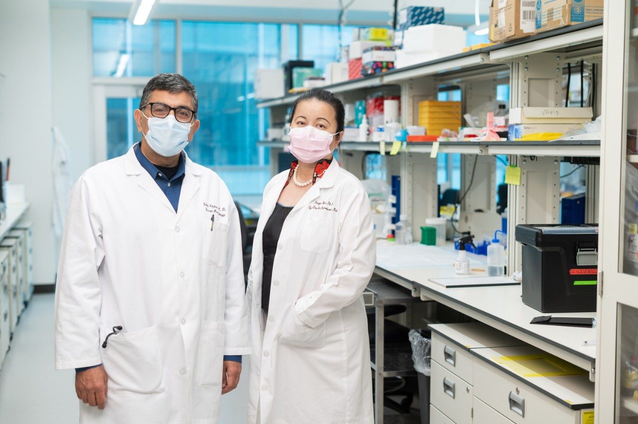 Yunfei Wen博士和M.D.的Vahid Afshar-Kharghan和Vahid Afshar-Kharghan一起在实验室