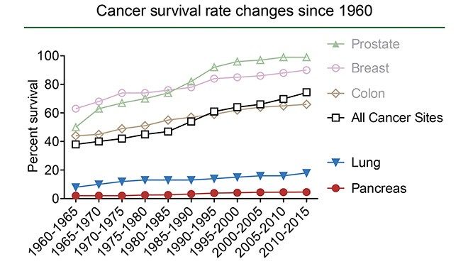 曲线图描绘了1960年至2015年间癌症存活率的趋势。肺癌和胰腺癌的生存趋势改善最少。