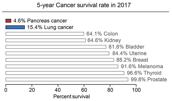 2017年5年癌症生存率。与结肠癌、肾癌、膀胱癌、子宫癌、乳腺癌、黑色素瘤、甲状腺癌和前列腺癌等其他癌症相比，胰腺癌和肺癌的5年生存率很低。