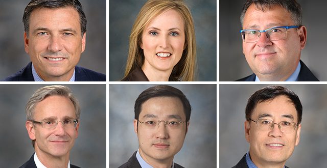 Clockwise from top left: John Heymach, M.D., Ph.D., Kelly Hunt, M.D., Dimitrios Kontoyiannis, M.D., Ph.D., Frederick Lang, M.D., Zhimin (James) Lu, M.D., Ph.D., and Shao-Cong Sun, Ph.D., have been named Fellows of the American Association for the Advancement of Science.