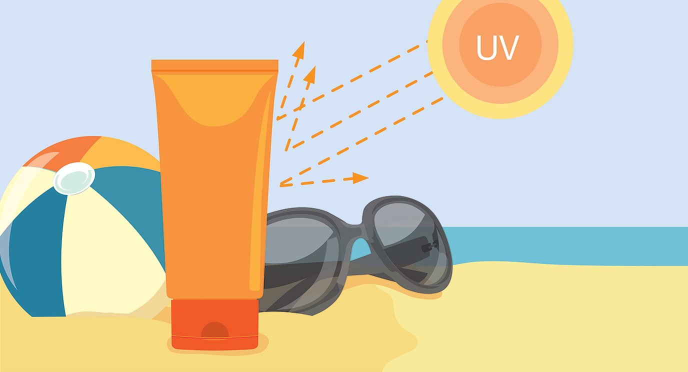 例证显示防晒霜，太阳镜和海滩球在海滩。太阳的紫外线射击它们。